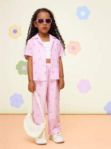 SHEIN Conjunto de 3 piezas para niña joven: Camisa de rayas trenzada, chaleco de punto y pantalones holgados - Multicolor - Ver 3