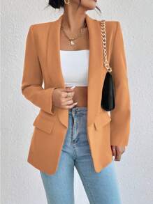 Chiquease Women Solid Color Long Sleeve Casual Blazer Jacket - Orange - View 4