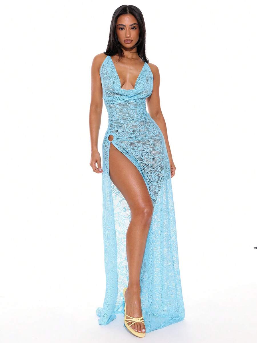 Musera Resort Halterneck Cowl Ring Detail Side Leg Split Lace Maxi Dress Summer Spring Holiday Vacation Sexy Club Ibiza Beachwear Cover Up Nanoscopic Girly Pastel