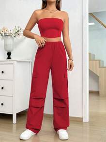 SHEIN Unity Tube Top & Cargo Pants 2 Pieces Set - Red - View 4
