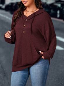 SHEIN LUNE Plus Size Women Solid Color Long Sleeve Pocket Casual Sweatshirt Graduation, Back To School Outfits, Graduation, Teacher Outfits For Women, Back To School - Burgundy - View 1