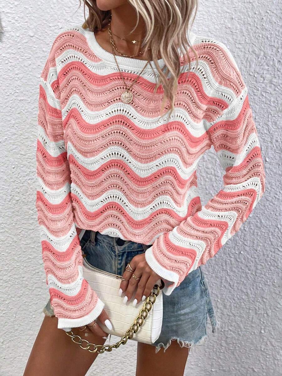 SHEIN LUNE Casual Drop Shoulder Color Block Wave Pattern Sweater, Spring/Autumn Knit Pullover Fall Winter - Multicolor - View 1