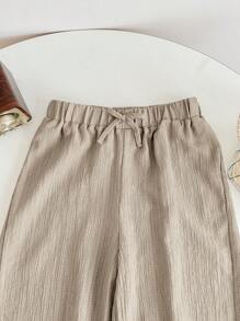 SHEIN LMoss Kids LMoss Tween Girl Textured Fabric Loose Wide Leg Pants With Drawstring Elastic Waistband - Khaki - View 4