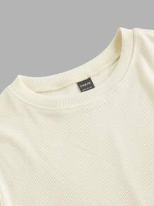 SHEIN MOD 杏色鱼骨图案短袖中长连衣裙，女士办公室服装，休闲装，度假装，波西米亚风，女士工作服 - 杏色 - 查看 3