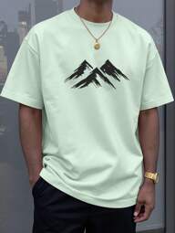 Manfinity Homme تي شيرت كاجوال صيفي للرجال، بأكمام قصيرة مطبوع عليه جبل كلاسيكي بتصميم بسيط