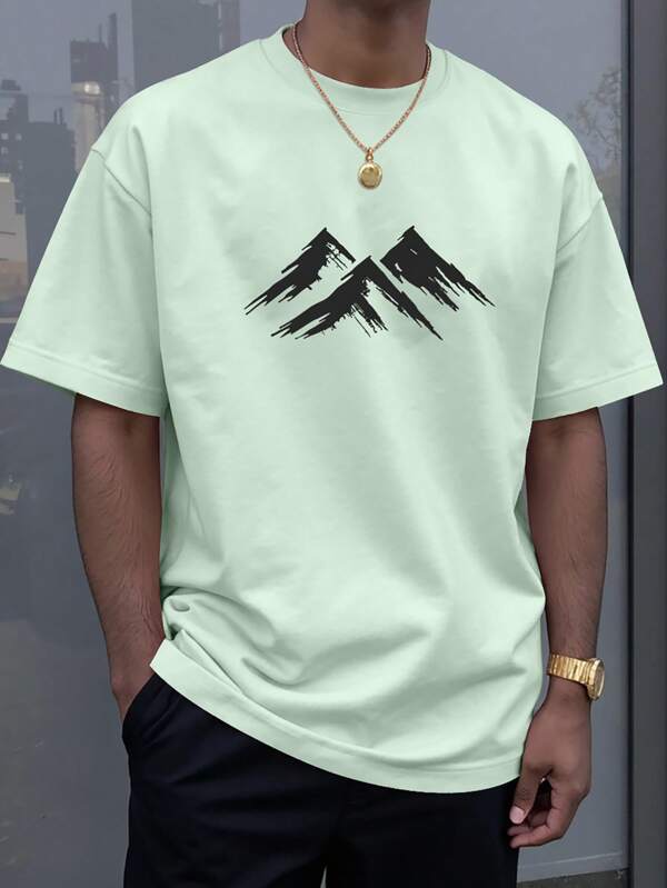 Manfinity Homme Men's Casual Minimalist Mountain Printed Short Sleeve T-Shirt, Summer