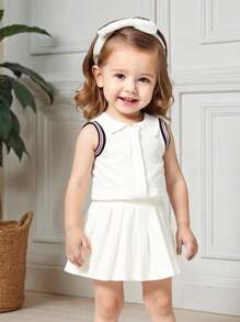 Baby Girls 2024 Summer New Style University Top + White Pleated Skirt 2Pcs Set - White - View 1