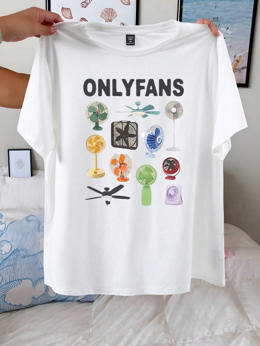 SHEIN Unity 女式休闲圆领 T 恤，带有 ONLYFANS 卡通印花，夏季针织涤纶上衣，带氨纶，常规长度短袖 T 恤，适合春夏季 - 白色 - 查看 1