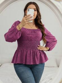 SHEIN Clasi Plus Leopard Print Lantern Sleeve Shirred Peplum Blouse Peplum Top - Multicolor - View 4