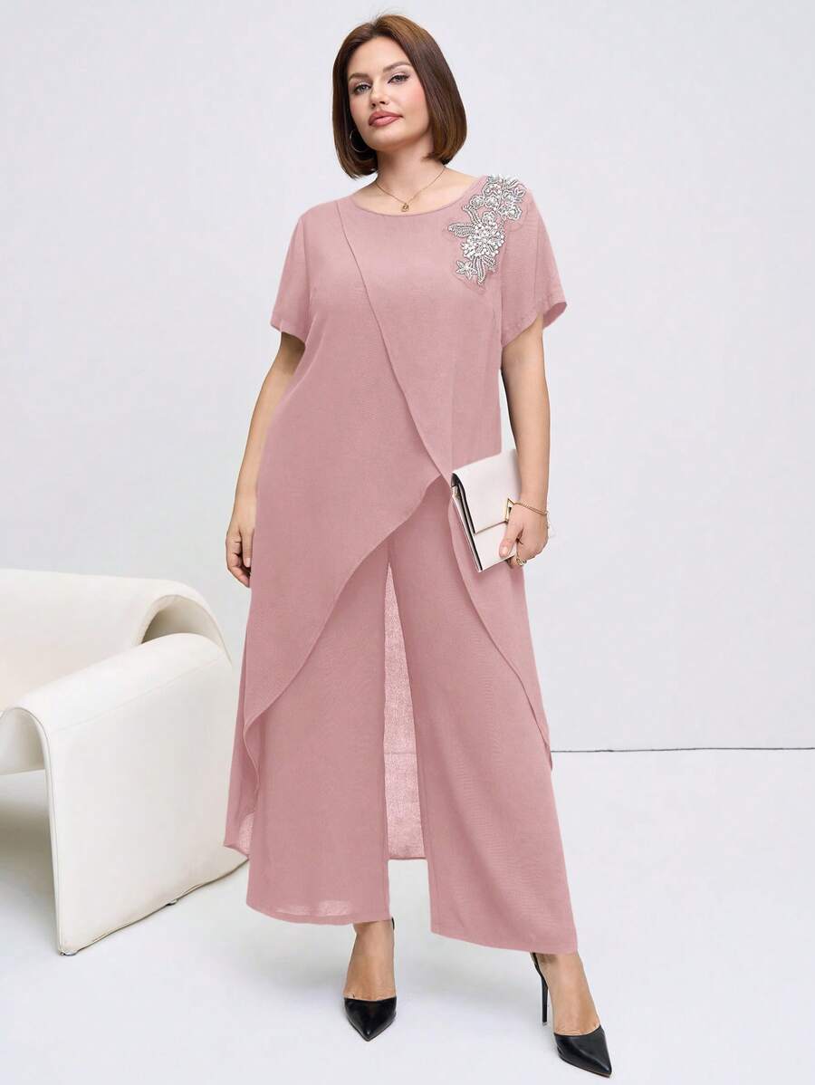 优质耐用优雅加大码两件套：短袖圆领上衣和裤子，女士办公室服装 - 粉色 - 查看 1