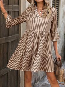 SHEIN Clasi 度假休闲条纹 V 领连衣裙 - 棕色 - 查看 6