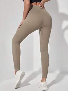 SHEIN Sports Rib-knit Running Tights Seamless Medium Stretch Athletic Leggings - Khaki - View 3