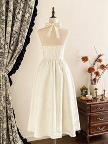 Vintamour Vestito elegante vintage da donna, con collo a capestro jacquard, fiocco, abbigliamento estivo per vacanze, abito estivo da donna, abito da sera bianco, abito di Pasqua per donna, abito bianco da donna, abbigliamento primaverile da donna, abiti primaverili da donna, vestiti estivi da donna, abiti da vacanza per donna, abito da ospite del matrimonio, abbigliamento da vacanza per donna, abiti estivi da donna, abiti da cerimonia da donna, abiti eleganti corsetto, abito di laurea, abiti per compleanni