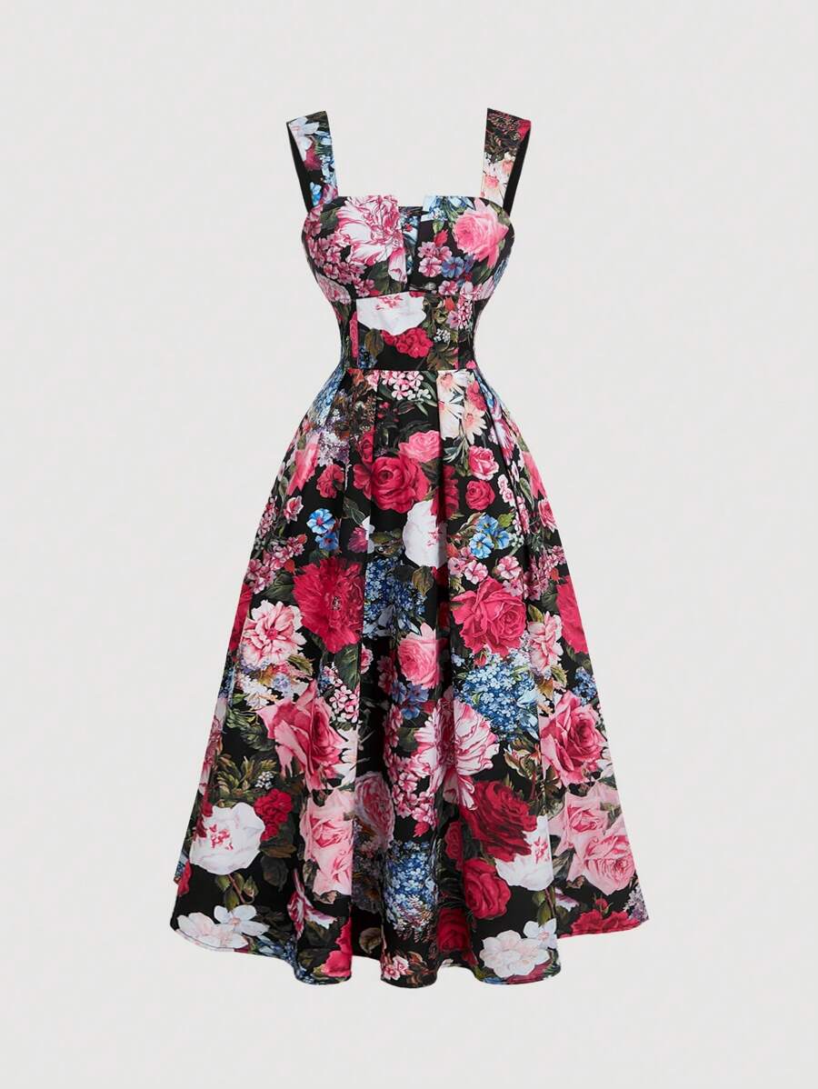 SHEIN MOD Vestido de mujer con estampado de estilo palaciego vintage fucsia, atuendo para Nochevieja, vestido largo informal - Rosa Fucsia - Ver 1