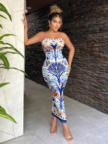 SHEIN SXY 性感休闲简约波西米亚度假蓝色复古印花无袖女式长裙 - 白色 - 查看 7