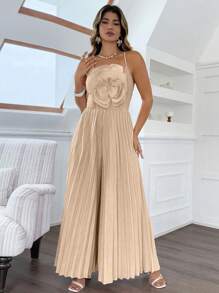 Celure جمبسوت سروال واسع بطبعات زهرية ثلاثية الأبعاد وطيات ملائمة للمقاسات الكبيرة، أنيقة وبلون واحد