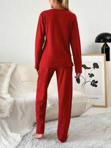 RueChic 100%Cotton Letter Graphic Ribbed Knit Tee & Pants Lounge Set - Red - View 2