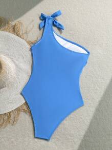 Soleia 连体泳衣，沙滩装，女士度假装，女士泳衣，女士夏季装，1 件女士蓝色底色抽象花卉印花系带连体泳衣度假装