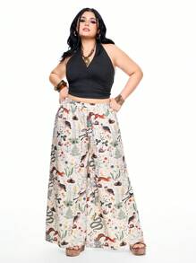 ROMWE Fairycore Summer Vacation Beach Hippie Loose Straight Wide Leg Elastic Waist Animal & Plant Print Plus Size Pants - Beige - View 3