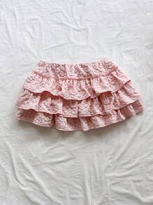 Soleia 女士节日粉色编织提花纹理低腰多层荷叶边下摆 A 字迷你裙，适合派对、约会、情人节、节日、复活节、狂欢节、农历新年、海滩巡游、城市度假、婚礼季、下午茶、学校/毕业季 - 淺粉色 - 查看 2