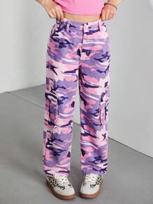 SHEIN Tween Girl Y2K Streetwear Cool Camouflage Print Flat Pockets Elastic Waist Cargo Slim Fit Jeans