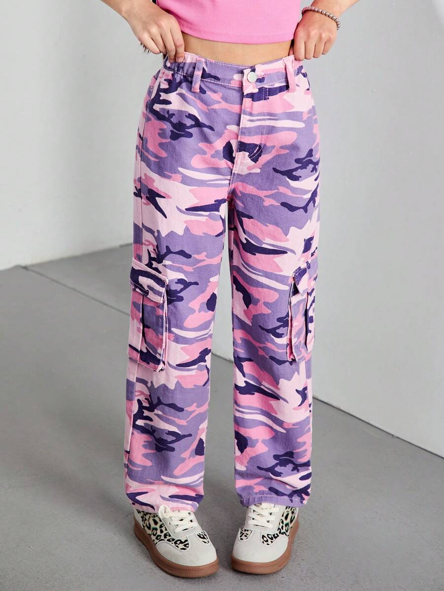 SHEIN Tween Girl Y2K Streetwear Cool Camouflage Print Flat Pockets Elastic Waist Cargo Slim Fit Jeans