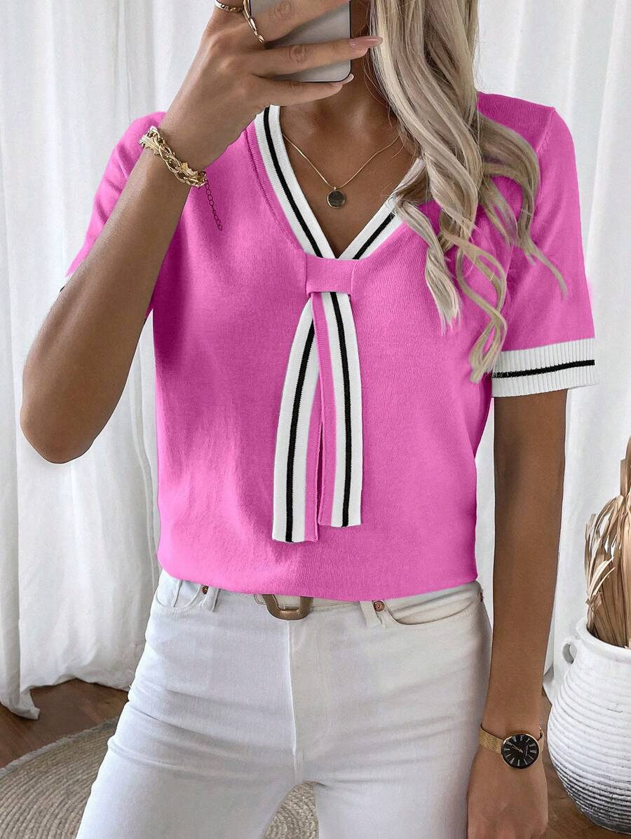 EMERY ROSE Women's Casual Color Block Striped Short Sleeve Knit Top, Summer - Hot Pink - View 1