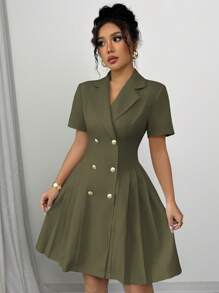 Elenzga Váy đi làm thanh lịch kiểu Pháp dành cho nữ, cổ chữ V, hai hàng khuy, cạp chun, chân váy chữ A, tay ngắn, dài đến giữa bắp chân, xuân/hè - xanh quân đội - Xem 6