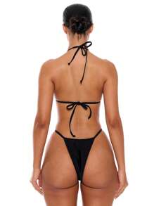 Musera Resort Áo bikini tam giác cổ yếm viền kim loại, chỉ mặc vào mùa hè, xuân, kỳ nghỉ, gợi cảm, thích hợp cho câu lạc bộ Ibiza, lễ hội, nhạc rave, techno nano màu đen. - màu đen - Xem 3