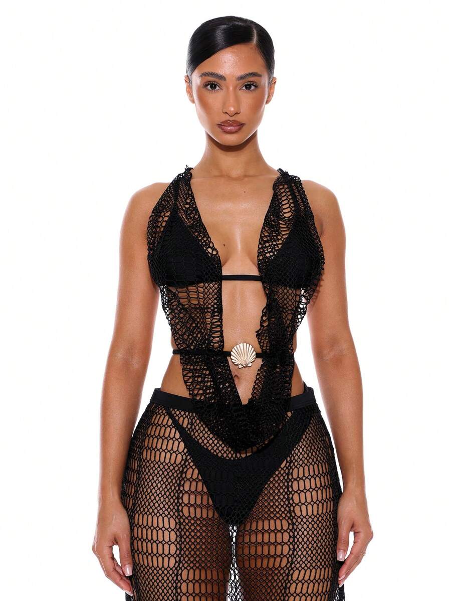 Musera Resort Fishnet Cowl Neck Shell Embellishment Extreme Open Back Strap Halterneck Top Summer Spring Holiday Vacation Sexy Ibiza Beachwear Cover Up - Black - View 1