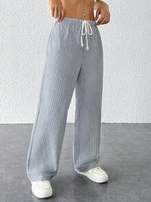 SHEIN PETITE Striped Women's Linen Low Rise Pants, Summer Vacation - Navy Blue - View 1