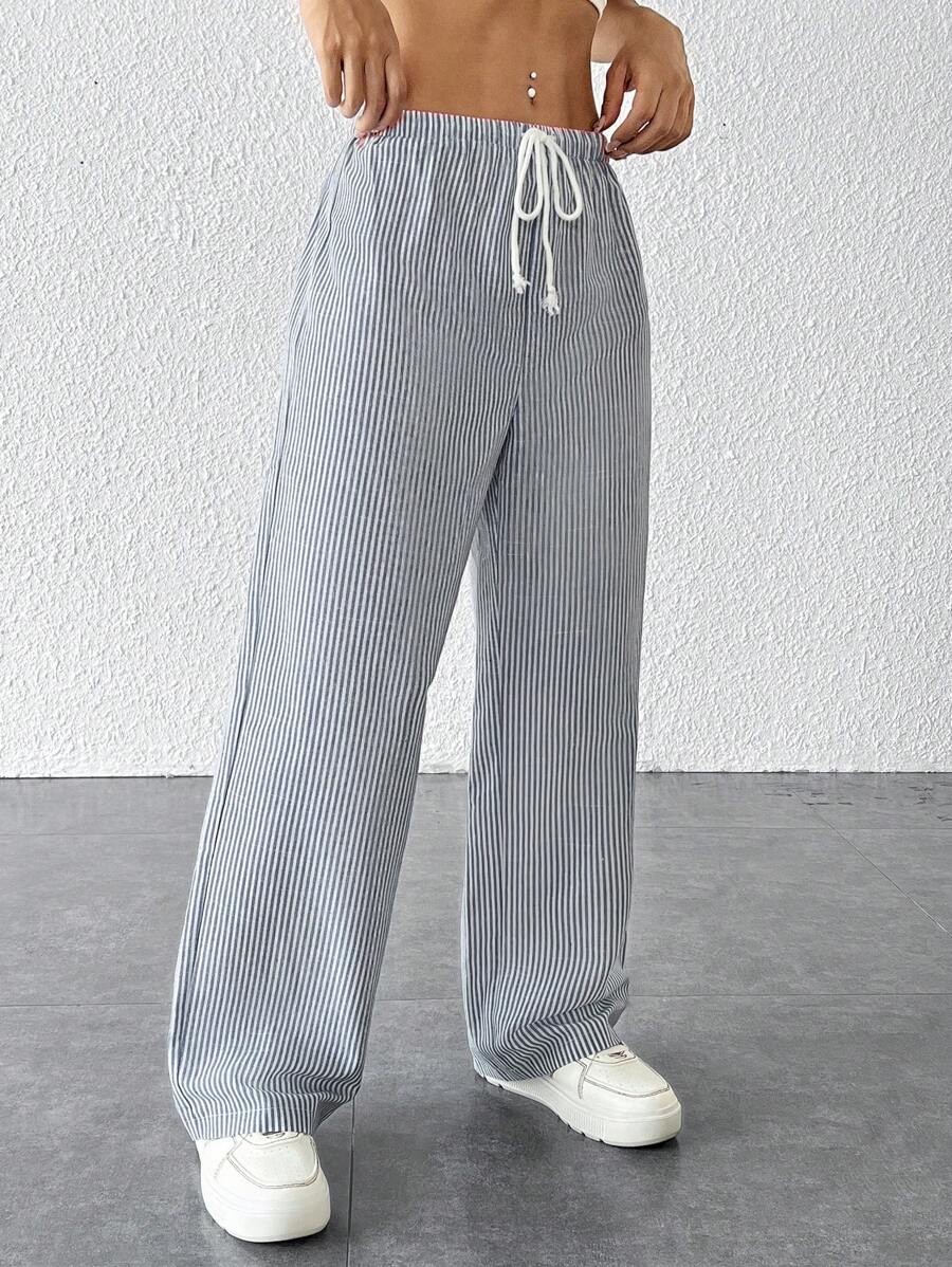 SHEIN PETITE Striped Women's Linen Low Rise Pants, Summer Vacation - Navy Blue - View 1