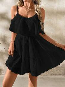 SHEIN Clasi 优雅女士白色纯色刺绣荷叶摆领吊带收腰 A 字裙，春夏连衣裙，适合各种场合穿着 - 黑色 - 查看 4