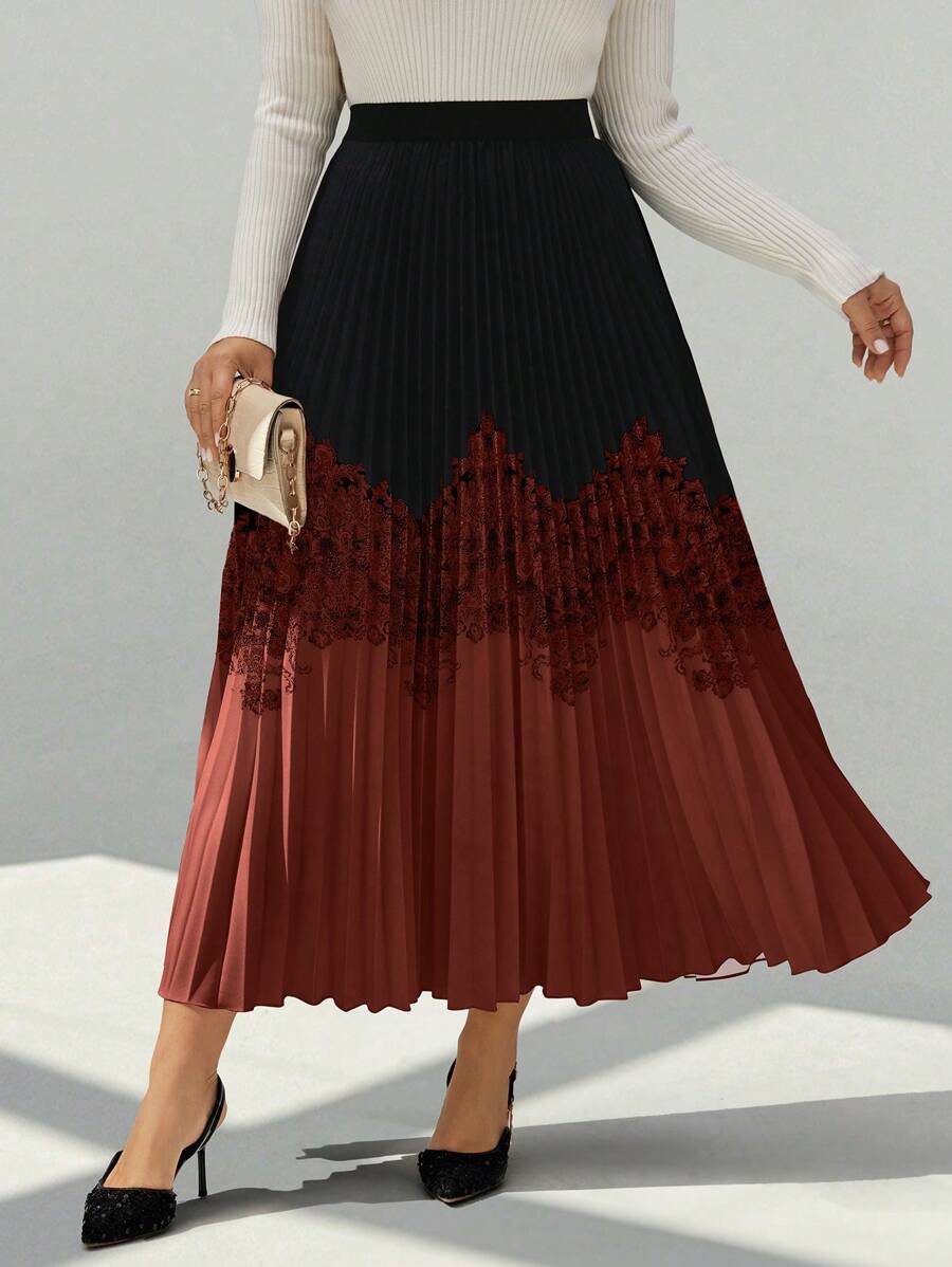 SHEIN Unity Plus Size Elegant Contrast Color Patchwork Retro Print Pleated A-Line Skirt, Autumn Maxi Women Fall Cloth For Women - Multicolor - View 1