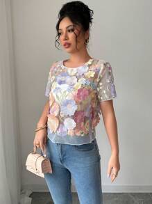 Elenzga Summer Elegant Floral Embroidered Sheer Mesh Blouse - Multicolor - View 5