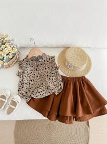 LMoss Kids LMoss 2pcs Young Girl Ditsy Floral Woven Casual Shirt And Woven Mini Skirt Set - Apricot - View 3