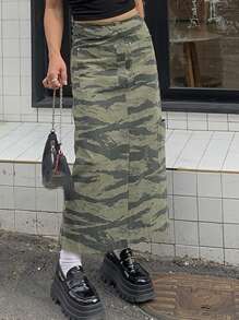 女士休闲迷彩 A 字长裙 - 軍綠色 - 查看 3