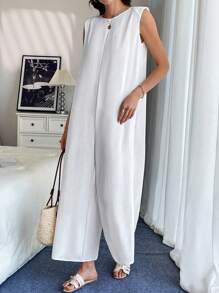 Chiquease Mono holgado para mujer con cuello redondo, sin mangas, con hombreras acolchadas - Blanco - Ver 3