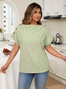 KURAYIA Blusa de manga corta con cuello de bufanda, botón ajustable y decoración de unicolor talla grande para mujer