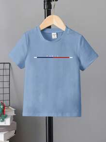 SHEIN Young Boy Basic Short Sleeve Paris Striped Print Round Neck Casual T-Shirt, Light Blue Boys Clothes Kids T Shirt - Baby Blue - View 2