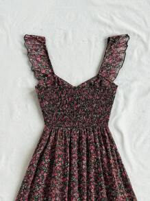 Soleia Women's Vacation Style V-Neck Shirred Waist A-Line Midi Dress, Chiffon Ruffles Cap Sleeve A-Line Dress, Summer Dress, Romantic Wedding Season Wear, Suitable For Lunch