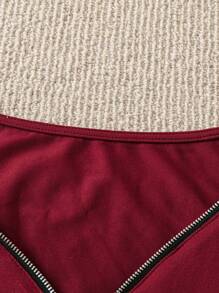 EMERY ROSE Plus Size Women Solid Color Half Zipper Front Hollow Out Short Sleeve Straight Dress - Burgundy - View 5