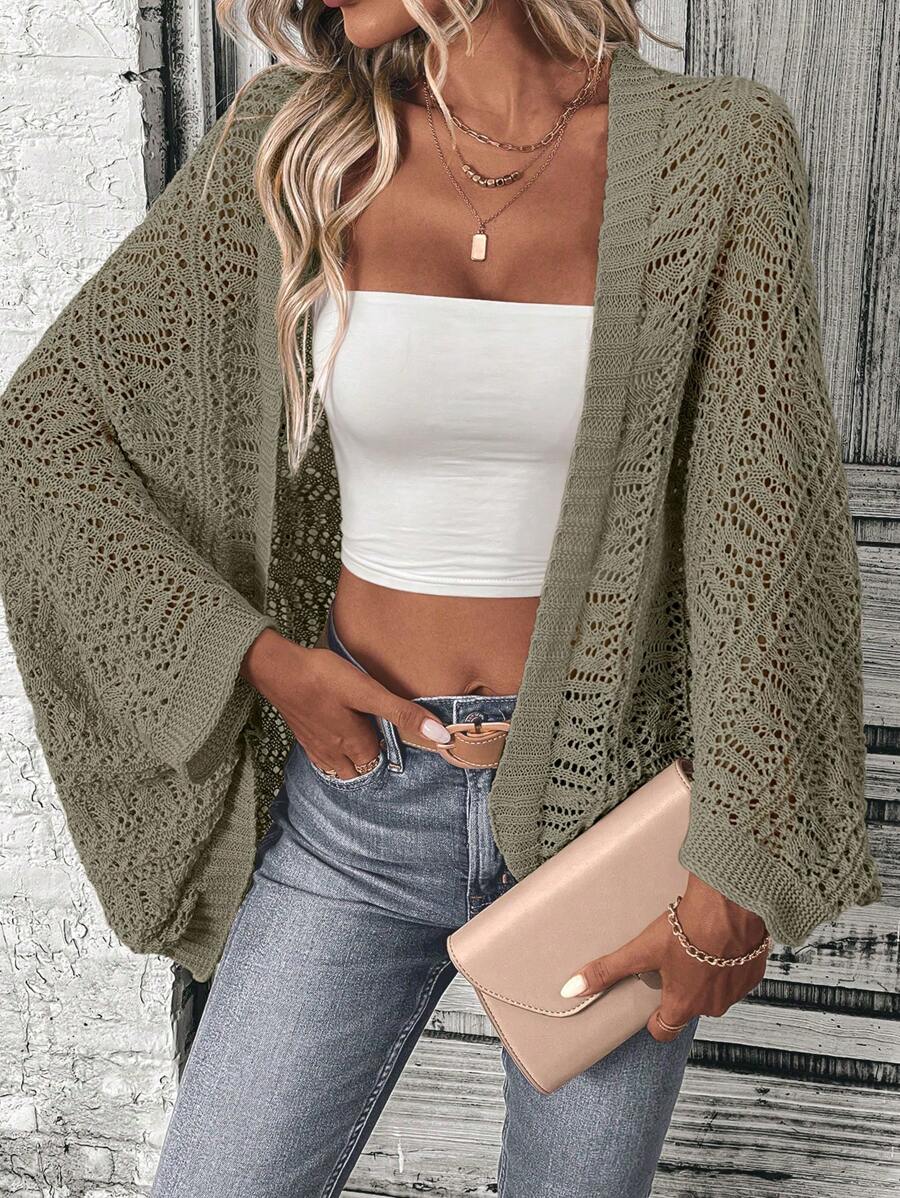 SHEIN LUNE 休闲纯色前开针织蝙蝠袖开衫 - 軍綠色 - 查看 1