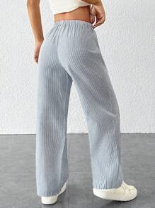 SHEIN PETITE Striped Women's Linen Low Rise Pants, Summer Vacation - Navy Blue - View 2