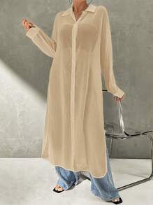 Firerie 女士白色雪纺防晒开衫，中长款宽松法式轻薄长袖外套，夏季 - 卡其色 - 查看 6