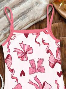 SHEIN 可爱粉色蝴蝶结心形印花，女婴休闲修身吊带连衣裙，适合夏季 - 彩色 - 查看 4