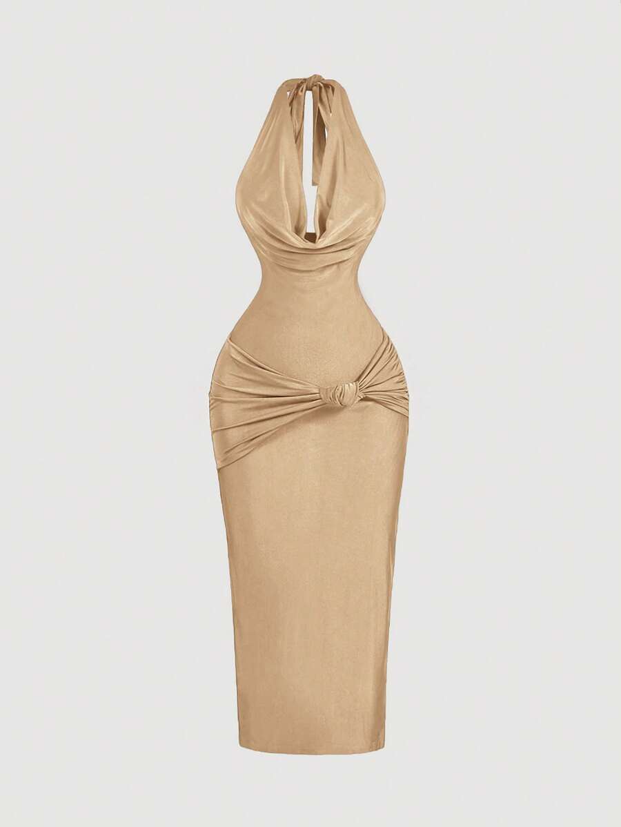 SHEIN MOD Women's Champagne Draped Neck Form-Fitting Midi Dress, Elegant Dress,Formal Dress,New Year's Eve Dress, Holiday Dress, New Year Vacation, New Year Party Women Dress,Masquerade Ball Dress - Champagne - View 1