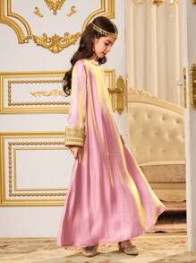 SHEIN Váy dài tay satin bóng cho bé gái, thanh lịch và sang trọng, thích hợp cho tiệc tùng và tụ tập - Hồng - Xem 6