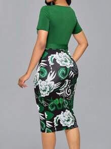 Lunelith SHEIN Lunessa 女士优雅花卉印花圆领短袖休闲连衣裙、办公室/通勤装 - 彩色 - 查看 2