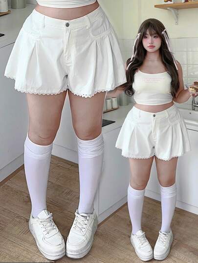 SHEIN MOD Plus Size White Denim Shorts Lacy Sweet Shorts Pants Summer Shorts